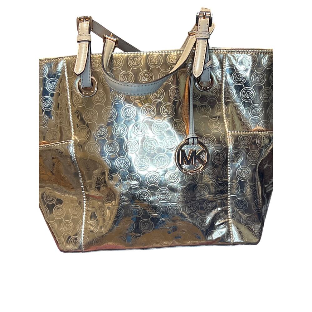 Michael Kors Metallic Rose Gold Logo Print  East West Tote Bag
